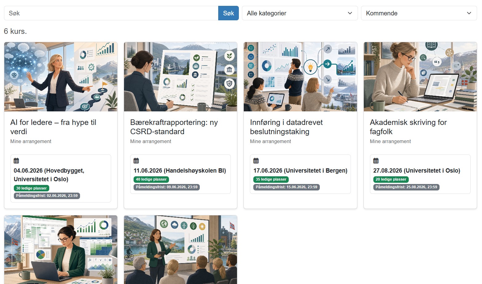 Skjermbilde av kurskatalog med flere arrangementer